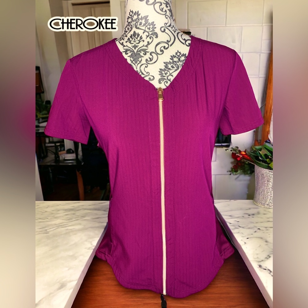 CHEROKEE Plum Coloured Zip Front Scrub Top- XSmall
